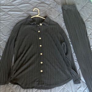 SHEIN Black Ribbed Button-Up Set